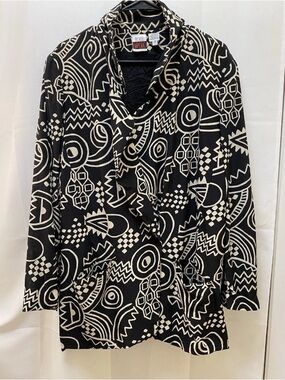 Oleg Cassini Black & Cream Geometric Silk Blouse